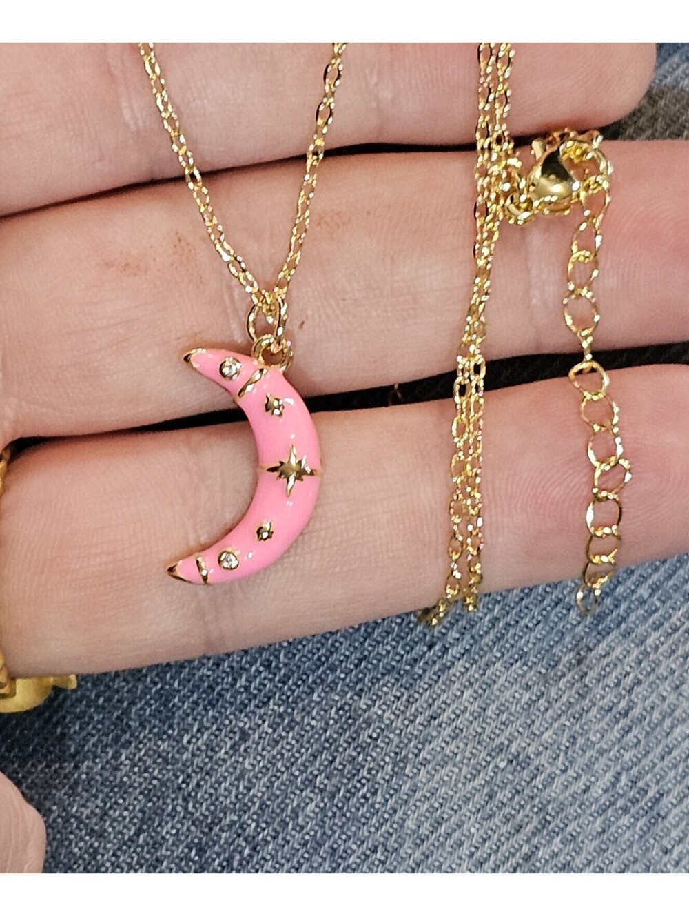 Pink Enamel Moon Pendant CZ 14k Gold-plated Necklace